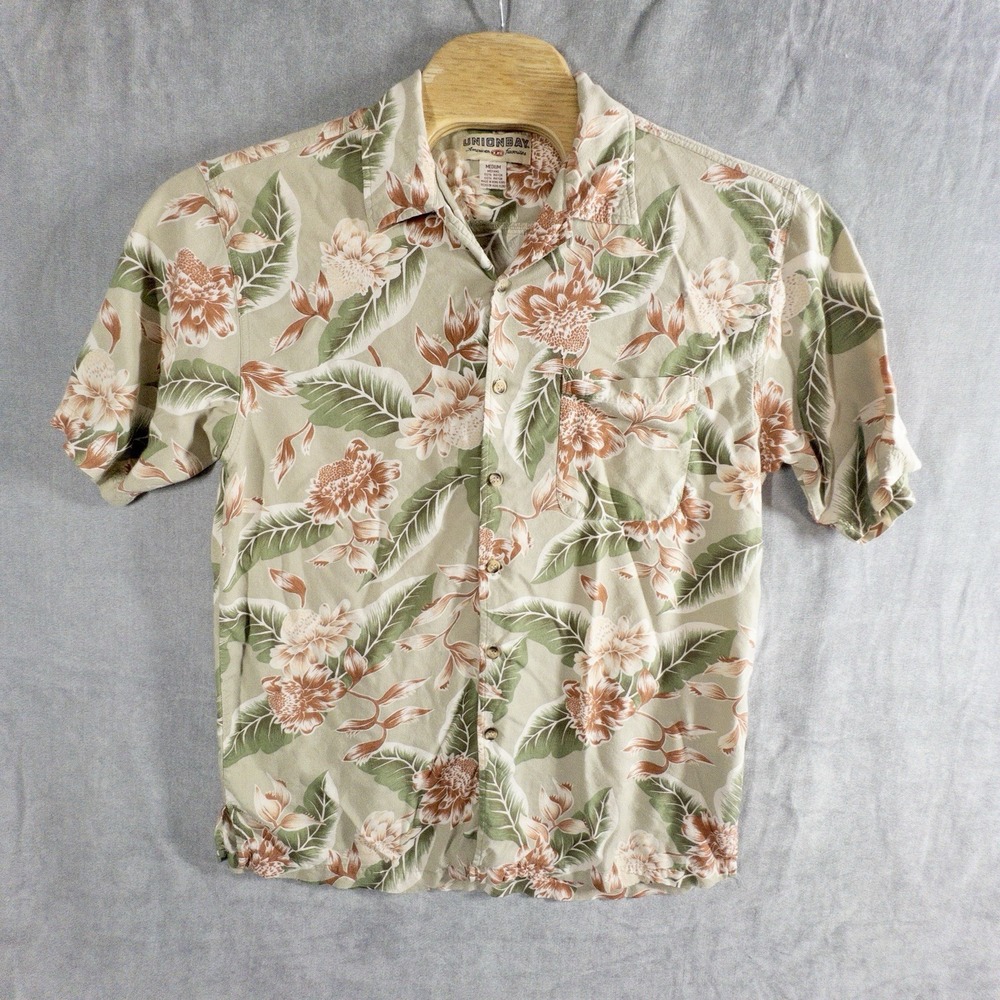 VTG Unionbay Mens MEDIUM Green‎ Beach Hawaiian Button Up Rayon Shirt Resortwear
